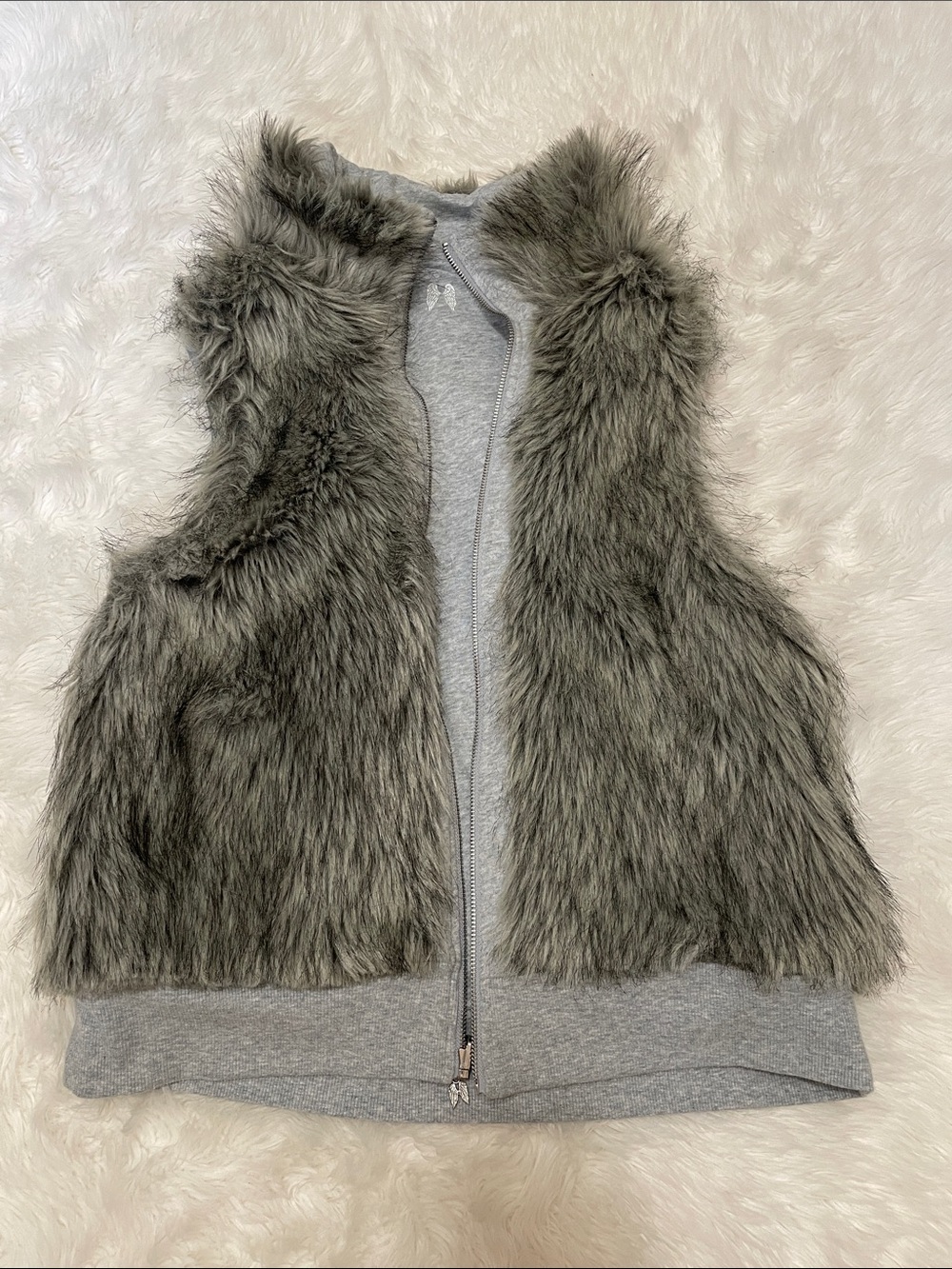 Victoria's Secret Reversible Heather Grey Faux Fur Zip-Front Vest Large